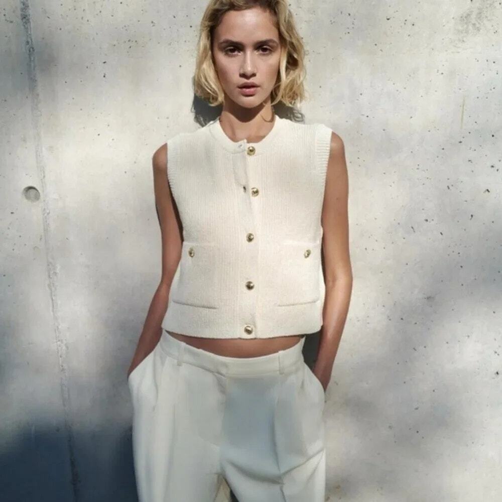 Commense Preppy Minimalist Cream Casual Knit Button Front Top NWT M